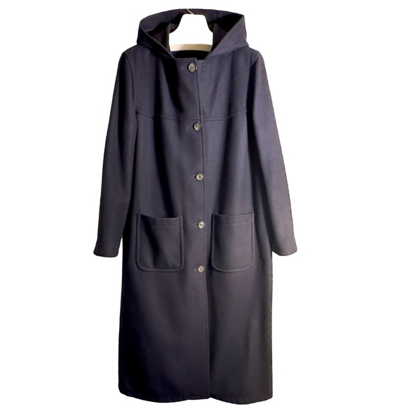 BURBERRY’S | Hooded Navy Blue Button Up Wool Maxi Over Coat Jacket Trench - Picture 2 of 16